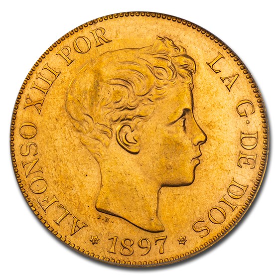 1897 (61) SG-V Spain Red Gold 100 Pesetas Alfonso XIII MS-62 PCGS 1897 (61) SG-V Spain Red Gold 100 Pesetas Alfonso XIII MS-62 PCGS