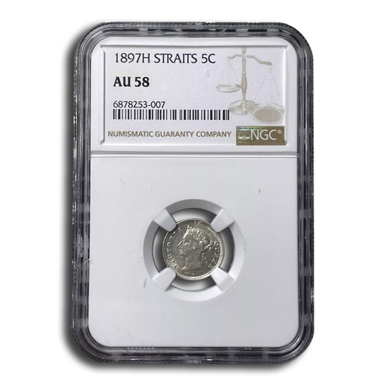 1897-H Straits Settlements Silver 5 Cents AU-58 NGC 1897-H Straits Settlements Silver 5 Cents AU-58 NGC