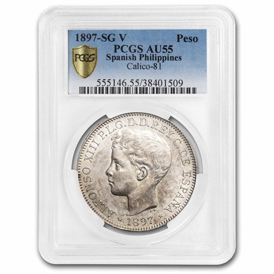 1897 Philippines Silver Peso Young Head AU-55 PCGS 1897 Philippines Silver Peso Young Head AU-55 PCGS