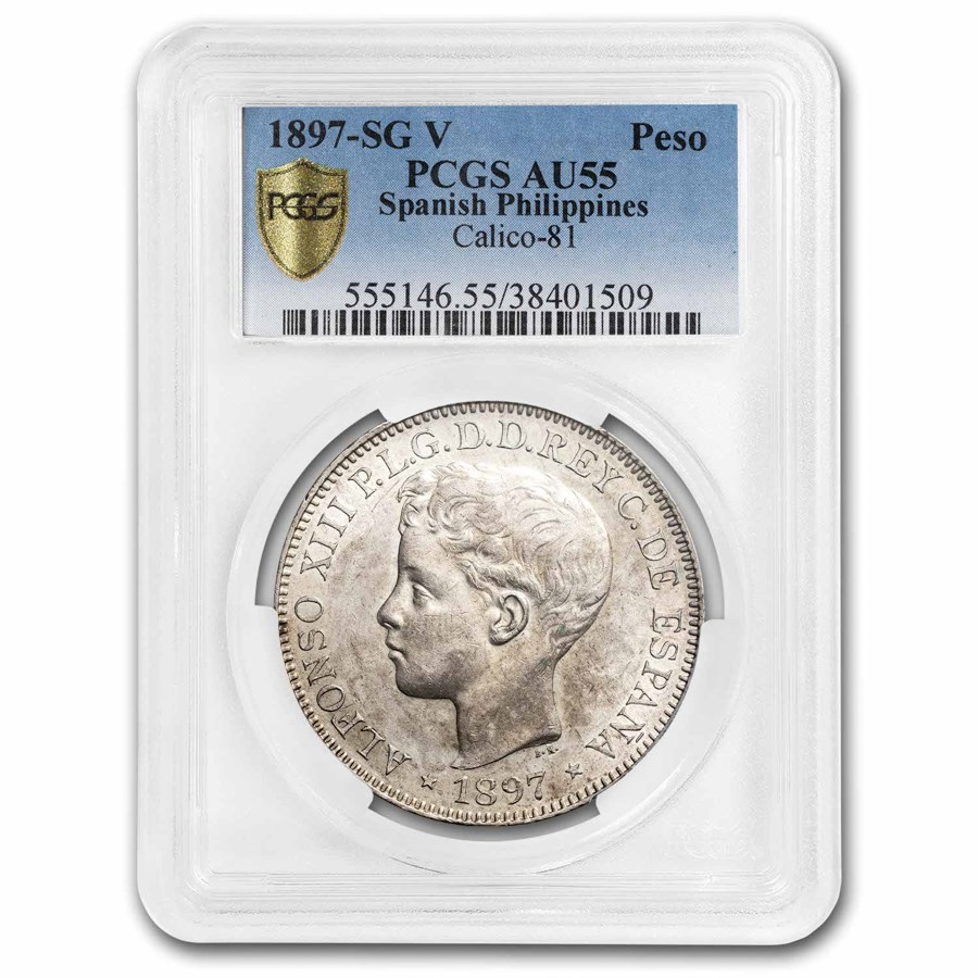 1897 Philippines Silver Peso Young Head AU-55 PCGS