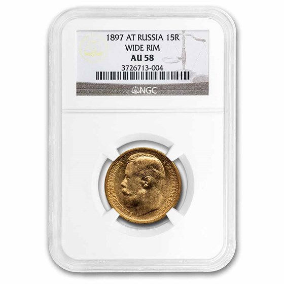 1897 Russia Gold 15 Roubles Nicholas II AU-58 NGC (Wide Rim) 1897 Russia Gold 15 Roubles Nicholas II AU-58 NGC (Wide Rim)