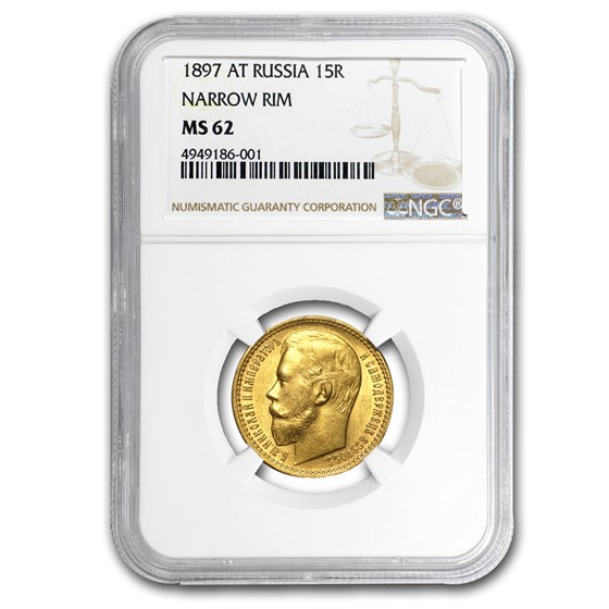 1897 Russia Gold 15 Roubles Nicholas II MS-62 NGC (Narrow Rim) 1897 Russia Gold 15 Roubles Nicholas II MS-62 NGC (Narrow Rim)