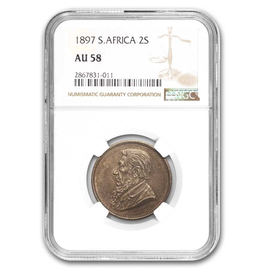 1897 South African Republic Silver 2 Shillings AU-58 NGC