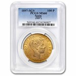 1897 Spain Gold 100 Pesetas Alfonso XIII MS-60 PCGS