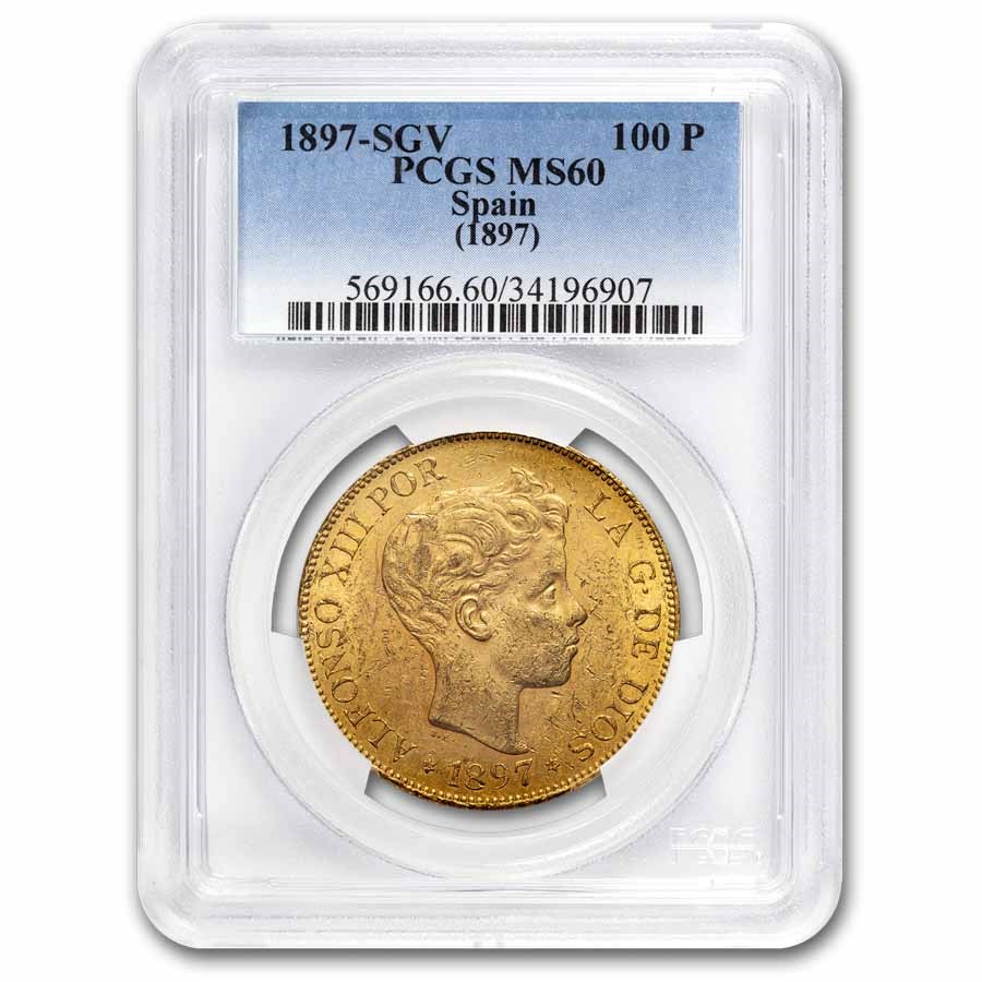 1897 Spain Gold 100 Pesetas Alfonso XIII MS-60 PCGS
