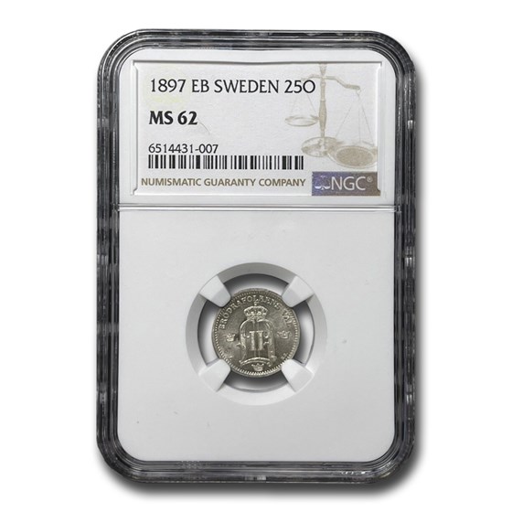 1897 Sweden Silver 25 Ore MS-62 NGC