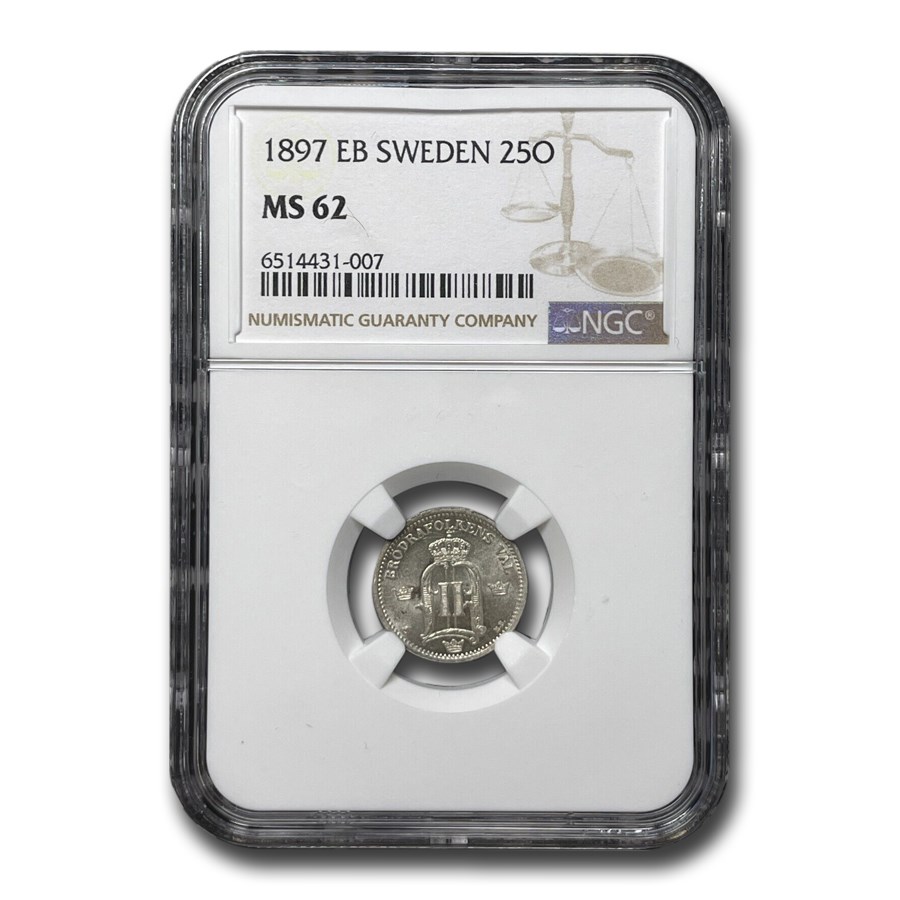 1897 Sweden Silver 25 Ore MS-62 NGC