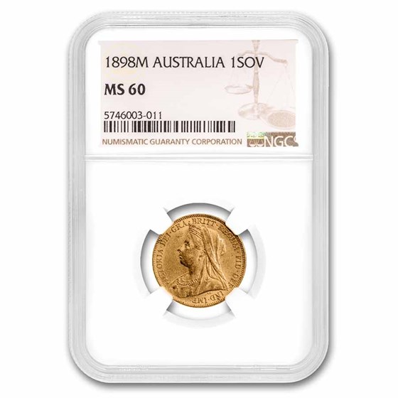 1898-M Australia Gold Sovereign Victoria Veiled Head MS-60 NGC 1898-M Australia Gold Sovereign Victoria Veiled Head MS-60 NGC