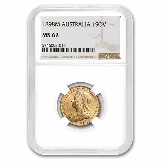 1898-M Australia Gold Sovereign Victoria Veiled Head MS-62 NGC 1898-M Australia Gold Sovereign Victoria Veiled Head MS-62 NGC