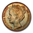 1898 Netherlands Silver 2 1/2 Gulden Wilhelmina I AU-58 PCGS