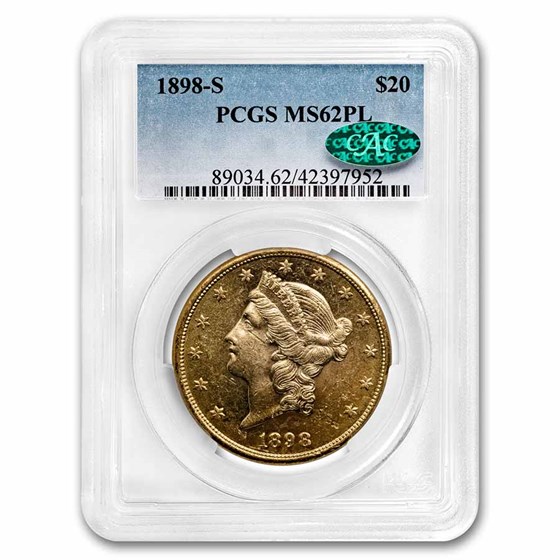 1898-S $20 Liberty Gold Double Eagle MS-62 PL PCGS CAC 1898-S $20 Liberty Gold Double Eagle MS-62 PL PCGS CAC