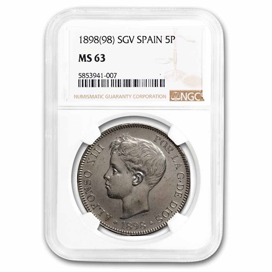 1898(98) SG-V Spain Silver 5 Pesetas Alfonso XIII MS-63 NGC 1898(98) SG-V Spain Silver 5 Pesetas Alfonso XIII MS-63 NGC