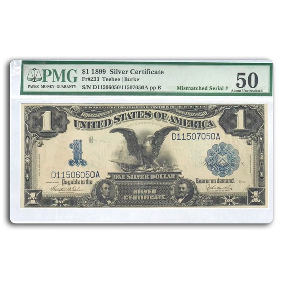 1899 $1.00 Silver Cert Black Eagle AU-50 PMG (Fr#233) Mismatched# 1899 $1.00 Silver Cert Black Eagle AU-50 PMG (Fr#233) Mismatched#