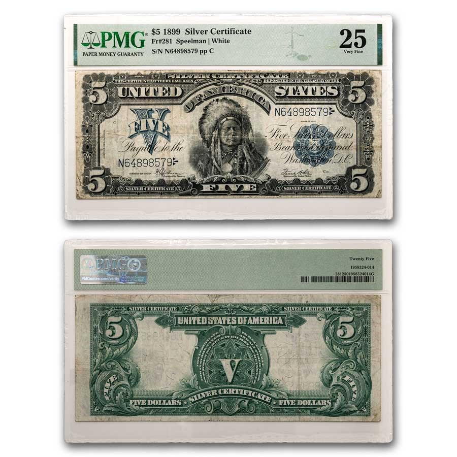 1899 $5.00 Silver Cert. Chief Running Antelope VF-25 PMG (Fr#281)