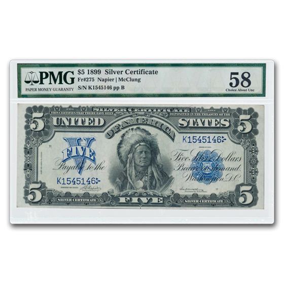 1899 $5.00 Silver Certificate Chief Running Antelope AU-58 PMG 1899 $5.00 Silver Certificate Chief Running Antelope AU-58 PMG