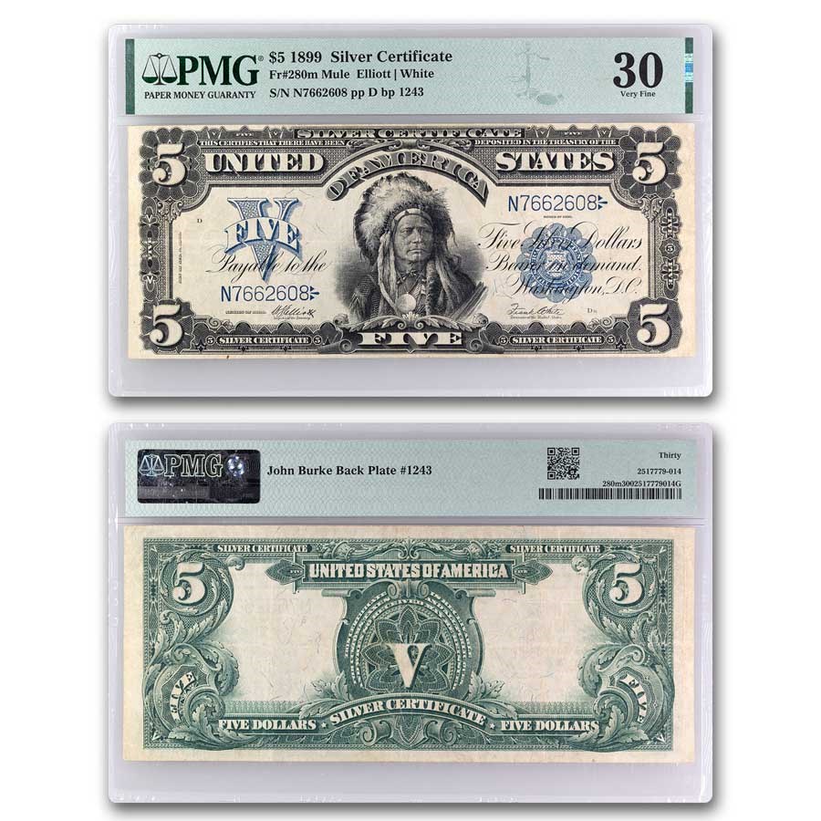 1899 $5 Silver Cert Chief Running Antelope VF-30 PMG (Fr#280m)