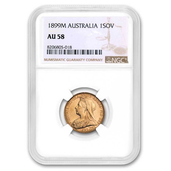 1899-M Australia Gold Sovereign Veil Head Victoria AU-58 NGC 1899-M Australia Gold Sovereign Veil Head Victoria AU-58 NGC