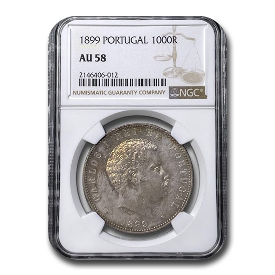 1899 Portugal Silver 1000 Reis Carlos 1 AU-58 NGC 1899 Portugal Silver 1000 Reis Carlos 1 AU-58 NGC