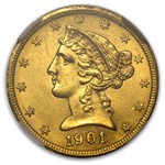 1901/0-S $5 Liberty Gold Half Eagle MS-62 NGC