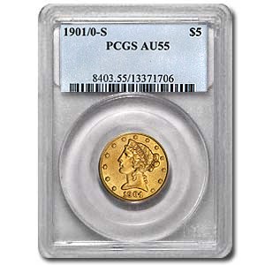 1901/0-S $5 Liberty Gold Half Eagle Overdate AU-55 PCGS 1901/0-S $5 Liberty Gold Half Eagle Overdate AU-55 PCGS