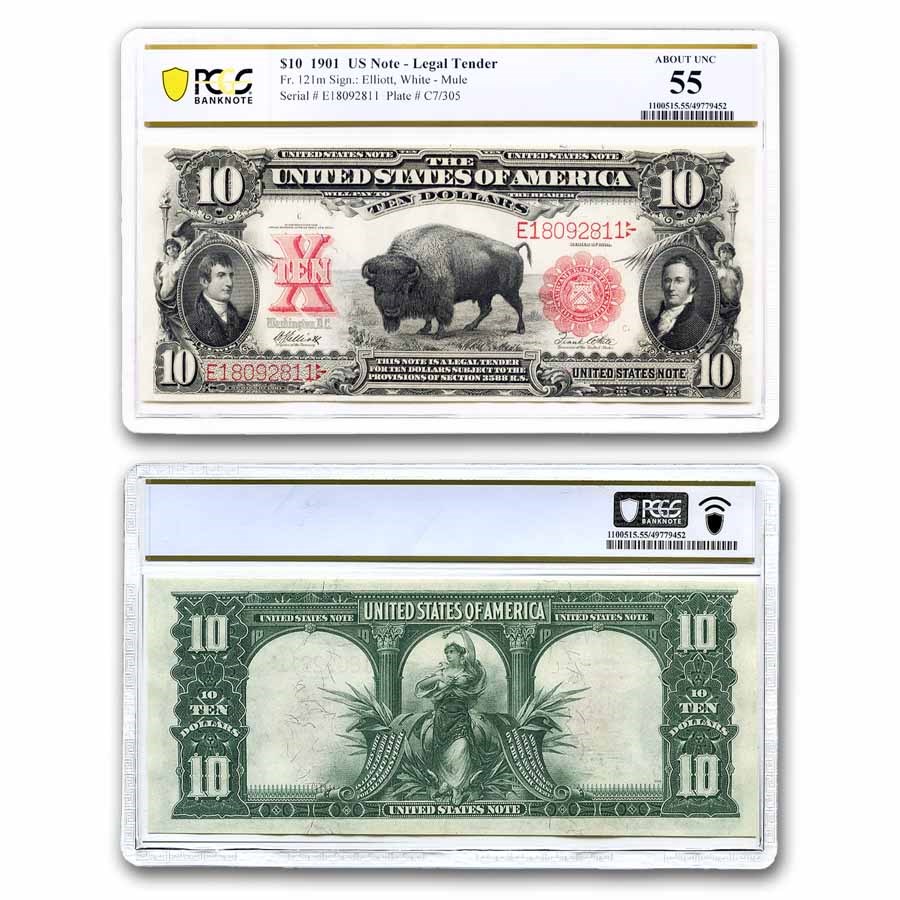 1901 $10 U.S. Note Lewis & Clark/Bison AU-55 PCGS (Fr#121m)