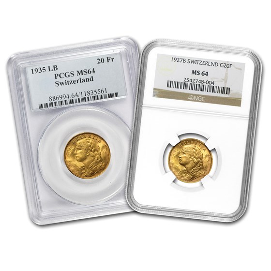 1901-1935 Switzerland Gold 20 Francs MS-64 NGC/PCGS (Random)
