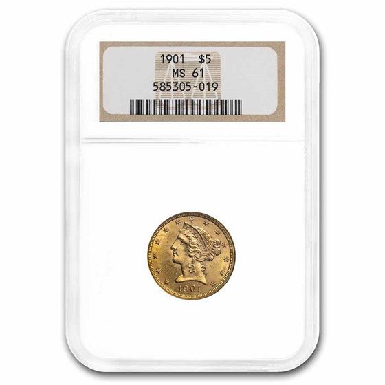 1901 $5 Liberty Gold Half Eagle MS-61 NGC 1901 $5 Liberty Gold Half Eagle MS-61 NGC