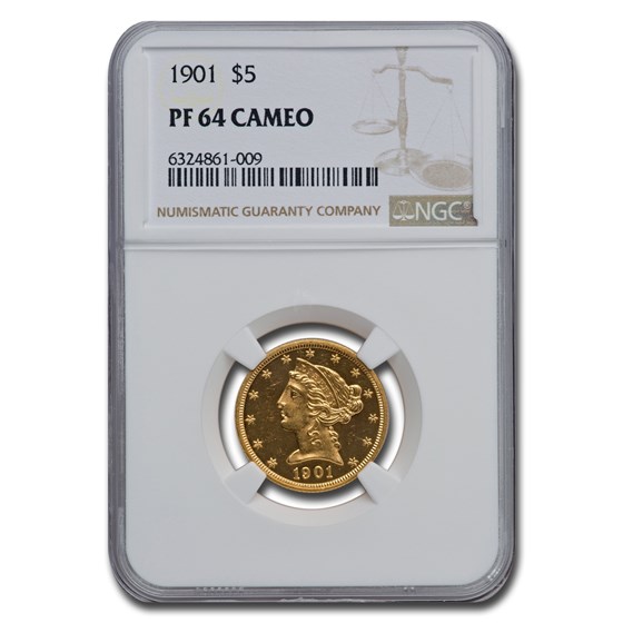 1901 $5 Liberty Gold Half Eagle PF-64 Cameo NGC 1901 $5 Liberty Gold Half Eagle PF-64 Cameo NGC