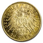 1901-A Germany Gold 20 Marks Prussia Wilhelm II BU