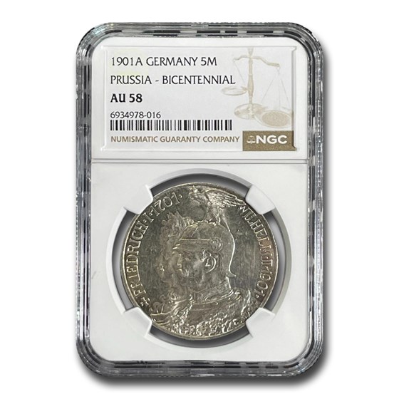 1901-A Germany Silver 5 Mark AU-58 NGC 1901-A Germany Silver 5 Mark AU-58 NGC