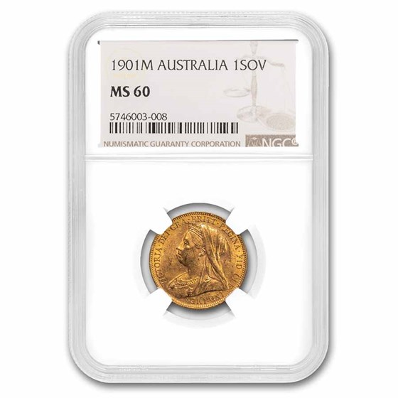 1901-M Australia Gold Sovereign Veil Head Victoria MS-60 NGC 1901-M Australia Gold Sovereign Veil Head Victoria MS-60 NGC