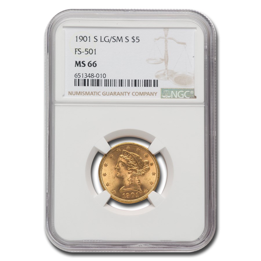 1901-S $5 Liberty Gold Half Eagle MS-66 NGC (LG/SM S, FS-501)