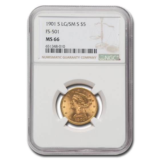 1901-S $5 Liberty Gold Half Eagle MS-66 NGC (LG/SM S, FS-501) 1901-S $5 Liberty Gold Half Eagle MS-66 NGC (LG/SM S, FS-501)