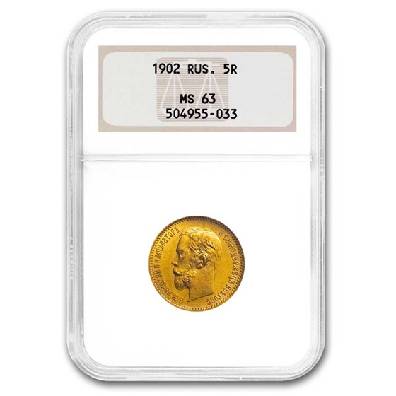 1902 AP Russia Gold 5 Roubles Nicholas II MS-63 NGC 1902 AP Russia Gold 5 Roubles Nicholas II MS-63 NGC
