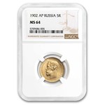 1902 AP Russia Gold 5 Roubles Nicholas II MS-64 NGC