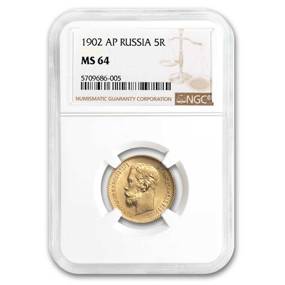 1902 AP Russia Gold 5 Roubles Nicholas II MS-64 NGC 1902 AP Russia Gold 5 Roubles Nicholas II MS-64 NGC