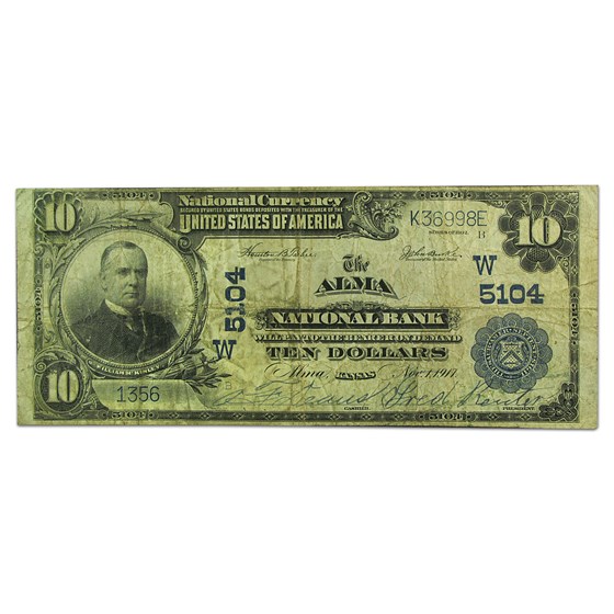 1902 Plain Back $10 Alma, Kansas Fine (CH#5104) 1902 Plain Back $10 Alma, Kansas Fine (CH#5104)