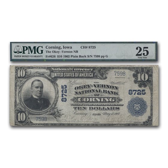 1902 Plain Back $10 Corning, Iowa VF-25 PMG (CH#8725) 1902 Plain Back $10 Corning, Iowa VF-25 PMG (CH#8725)