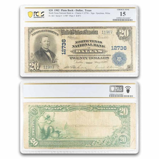 1902 Plain Back $20 Dallas, Texas F-15 PCGS (Fr#661) CH#12736