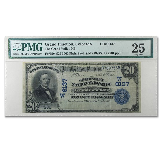 1902 Plain Back $20 Grand Junction, CO VF-25 PMG 1902 Plain Back $20 Grand Junction, CO VF-25 PMG