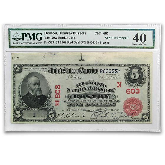 1902 Plain Back $5.00 Boston, MA Serial # 1 XF-40 PMG (CH #603) 1902 Plain Back $5.00 Boston, MA Serial # 1 XF-40 PMG (CH #603)