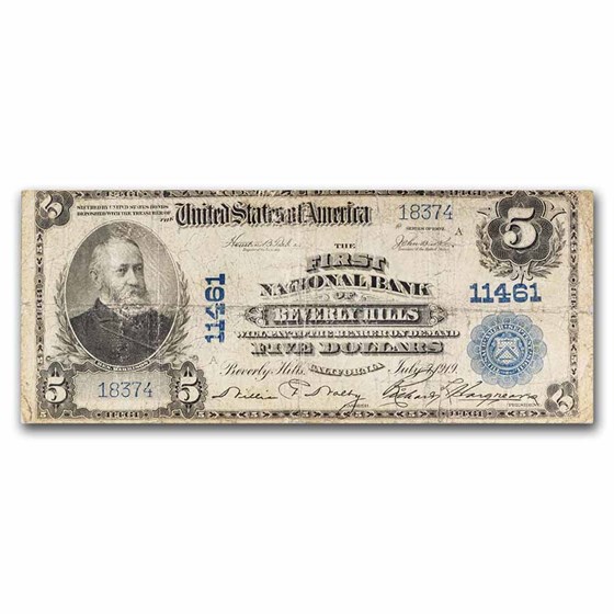 1902 Plain Back $5 Beverly Hills CA Good CH#11461 1902 Plain Back $5 Beverly Hills CA Good CH#11461