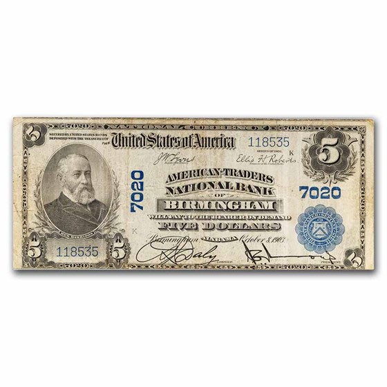 1902 Plain Back $5 Birmingham, Alabama Fine CH#7020