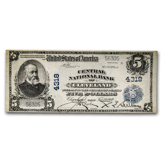 1902 Plain Back $5 Central National Bank Cleveland OH (CH#4318) 1902 Plain Back $5 Central National Bank Cleveland OH (CH#4318)