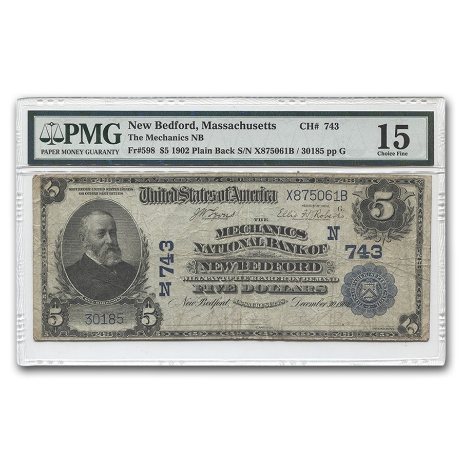 Buy 1902 Plain Back 5 New Bedford, MA Ch F15 PMG (CH743) APMEX