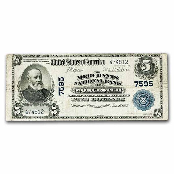 1902 Plain Back $5 Worcester, MA Fine (Fr#598) CH#7595 1902 Plain Back $5 Worcester, MA Fine (Fr#598) CH#7595
