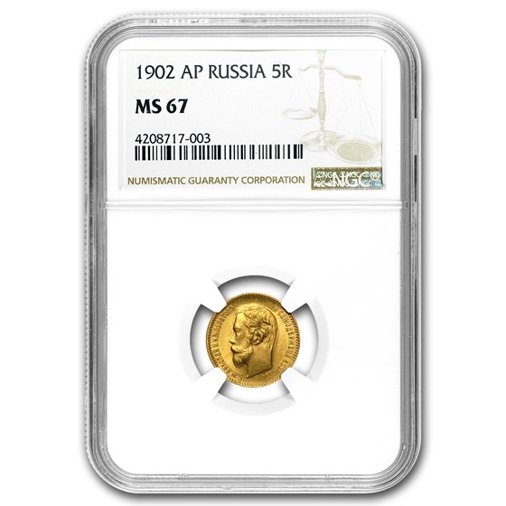 1902 Russia Gold 5 Roubles Nicholas II MS-67 NGC 1902 Russia Gold 5 Roubles Nicholas II MS-67 NGC