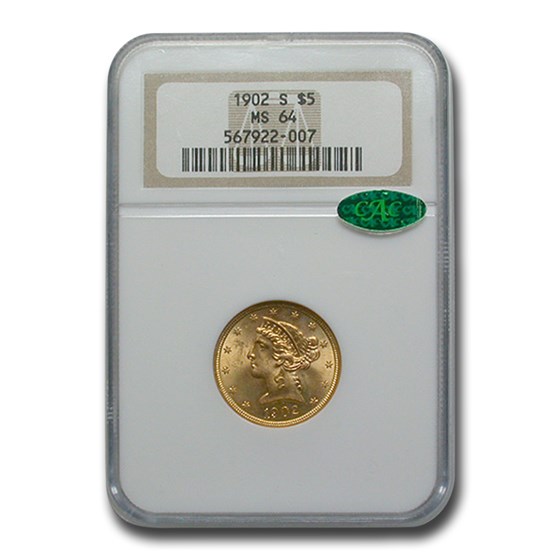1902-S $5 Liberty Gold Half Eagle MS-64 NGC CAC 1902-S $5 Liberty Gold Half Eagle MS-64 NGC CAC