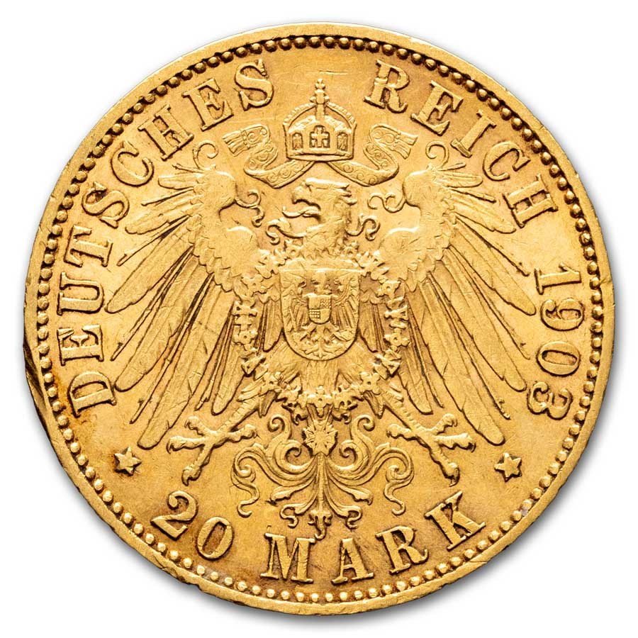 1903-A Germany Gold 20 Marks Prussia Wilhelm II BU