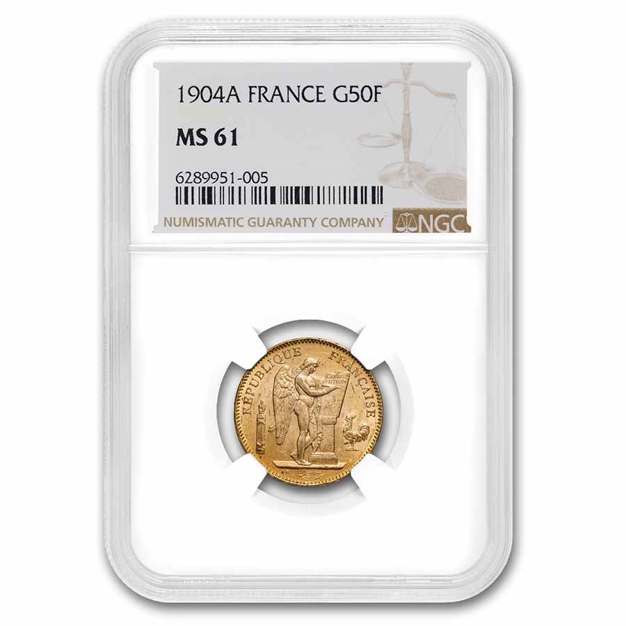 1904-A France Gold 50 Francs Angel MS-61 NGC